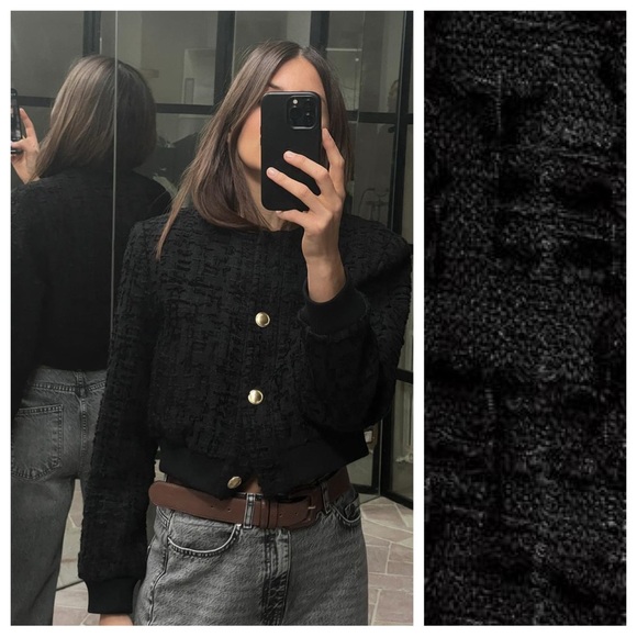 NWT. Zara Black Viscose/Wool Bland Embossed Fabric Cropped Bomber Jacket Size S. - Picture 2 of 12